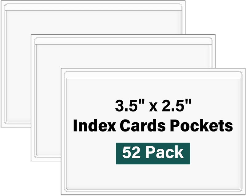 Ohuimrt 52 Pack Index Card Pockets with Top Open, 3.5 x 2.5 Inch Adhesive Label Pockets Clear Plastic Index Card Holder for Organizing, Storage Bins, Library Cards, Notes - Image 1